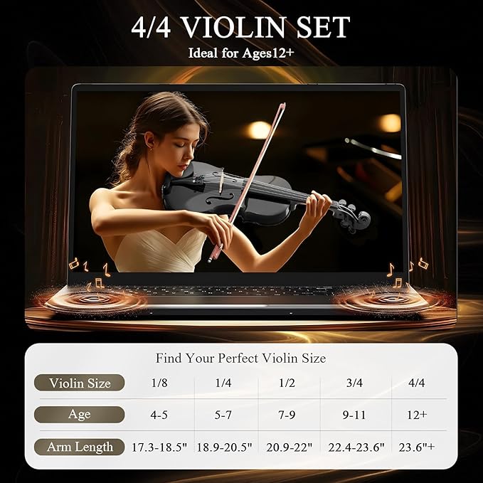 4/4 Beginner Violin Kit for Adults, Complete Full Size Violin Set with Portable Case, Bow, Rosin, Black
