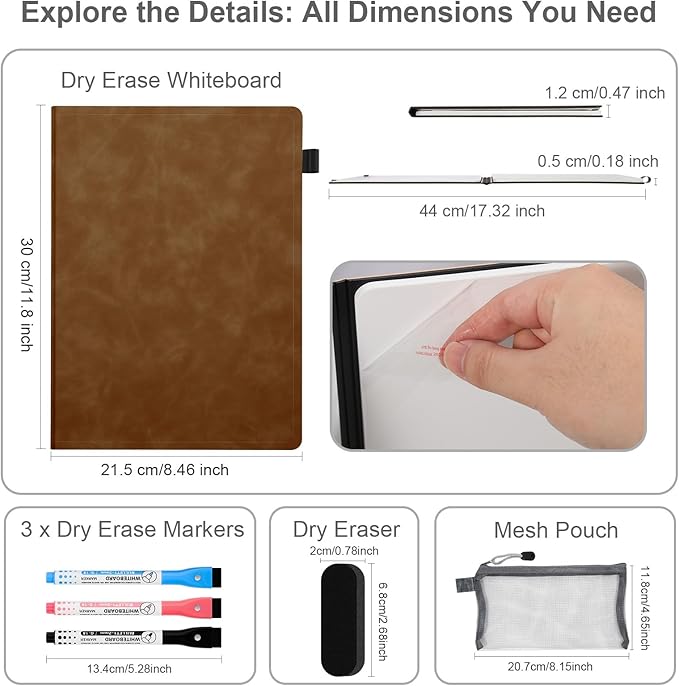 AGM Portable White Board Dry Erase Notebook, 12" x 9" Double Sided Folding Whiteboards with 3 Pens, Small Travel Dry Erase Board Skin-Friendly Material for Study, Meeting, Planning, Brown