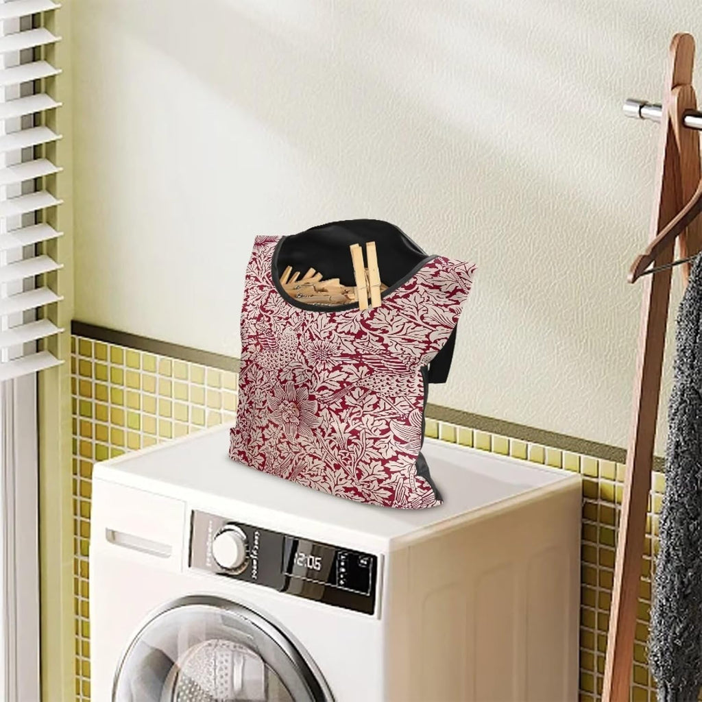 Strength Clothespin Bag 14.5x12 Inches - Vintage Bird Flower Red Print Commercial Quality Storage with Oversized Opening - Heavy Duty Polyester Construction with Reinforced Grommets