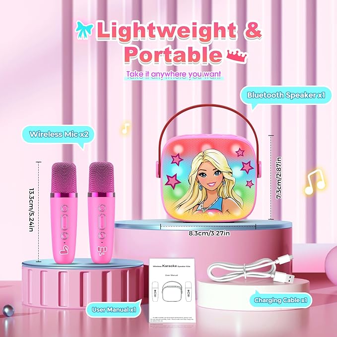 Princess Mini Karaoke Machine Toys: Kids Toys Girls Birthday Gifts Age 3-12+ LED Portable Bluetooth Speaker with 2 Wireless Microphone Gift Toy for 4 5 6 7 8 9 Years Old Girl Boy Kid Adult