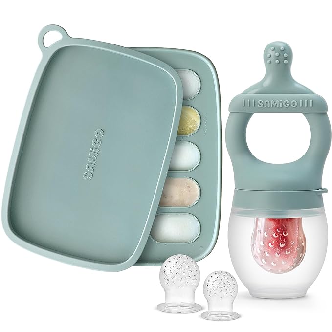 SAMiGO Baby Food Fruit Feeder and Breastmilk Popsicle Mold Set, Silicone Fruit Teether, Food Feeder Pacifier for Teething Relief, Freezer Tray, Baby Feeding Essentials, 4 Months+