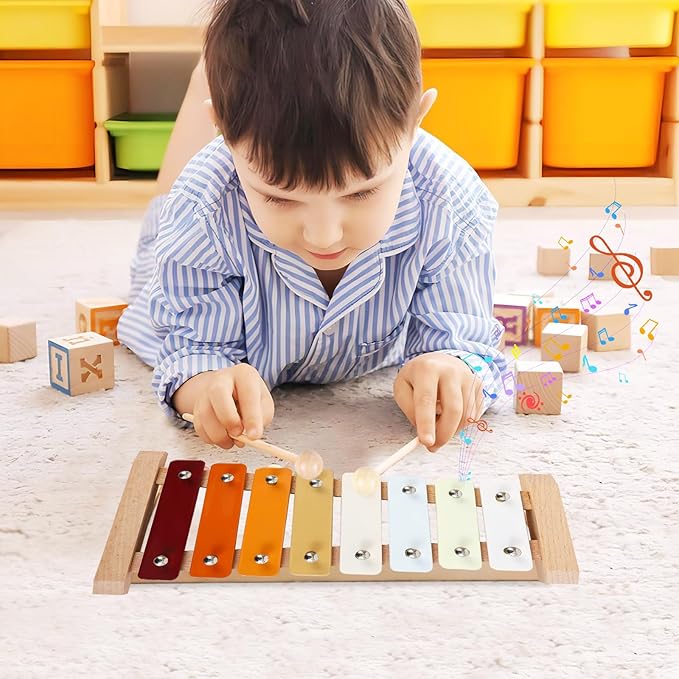 Baby Musical Instruments Neutral Colors Percussion Instruments Set Montessori Wooden Toys for Toddlers 1-3 with Xylophone for Kids Preschool Educational 3+ Wood Musical Toy 8pcs