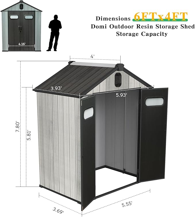 Domi 6x4FT Resin Outdoor Storage Shed with Lockable Door, Waterproof Outside Sheds with Windows & Vents, Heavy-Duty Plastic Tool Storage Shed for Patio Furniture, Lawn Mower, Bike