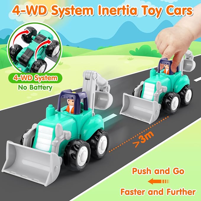 Inertia Trucks Toy Cars, Early Educational Baby Boy Toys 18 Months, Push and Go Cars Gifts for Boys & Grils, 4PCS Construction Vehicles for Toddler Outdoor & Indoor