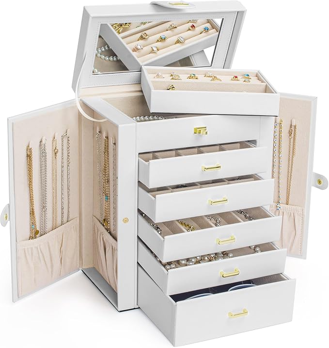 AKOZLIN Large Jewelry Box Organizer Functional with Big Mirror, Leather Jewelry Storage Case for Women Girls Ring Necklace Earring Bracelet Holder Organizer White