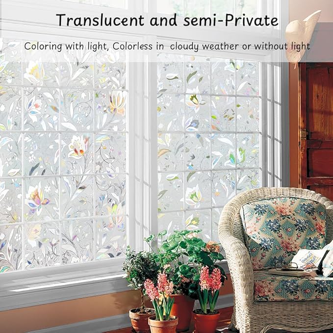 NINETREX Window Privacy Film,3D Stained Glass Window Film,Decorative Window Covering Sun Blocking Vinyl Static Cling Anti-UV Heat Control for Home Decor,Tulip 35.4 x 78.7inch