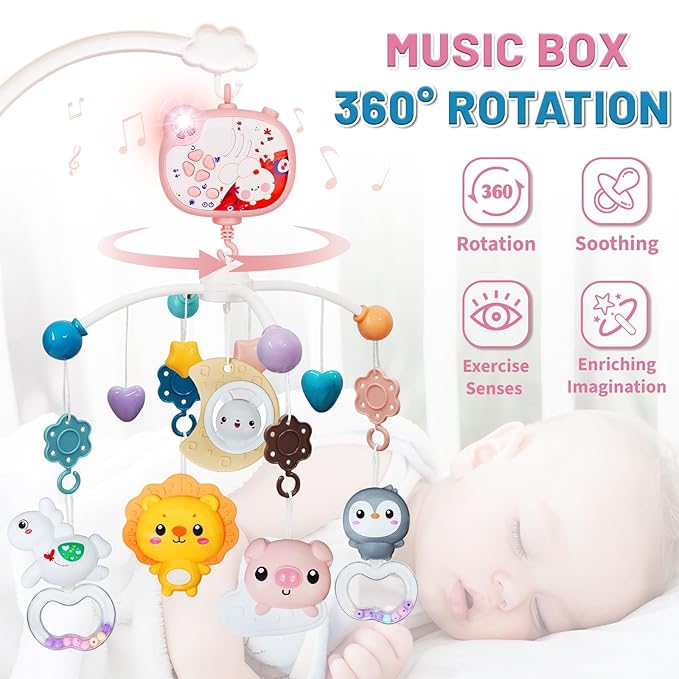 Baby Mobiles for Cribs, Crib Mobile with Music and Lights, Nursery Musical Mobile for Bassinets Hanging Toys with Remote Control, Rotation, Projection, Animal Mobile Arm Clip On for Infant Boys Girls