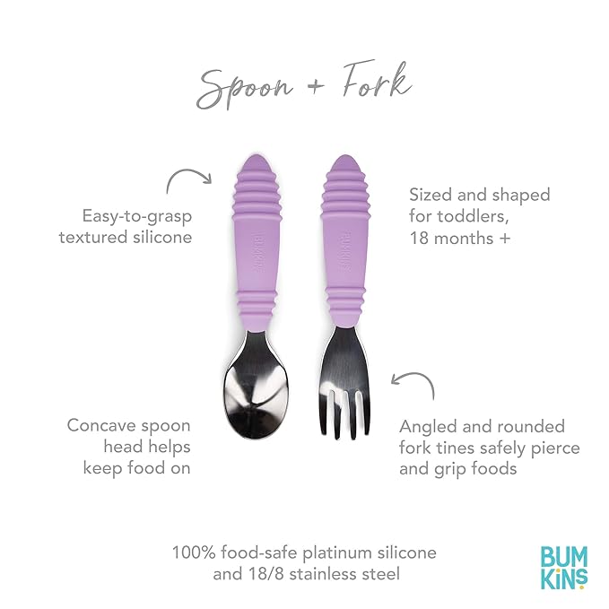 Bumkins Toddler Utensils, Kids Size Fork and Spoon Set, Silicone and Stainless-Steel Training Silverware, Angled Forks / Sporks for Self-Feeding, Children Hold Learning to Eat, 18 Months Up, Lavender