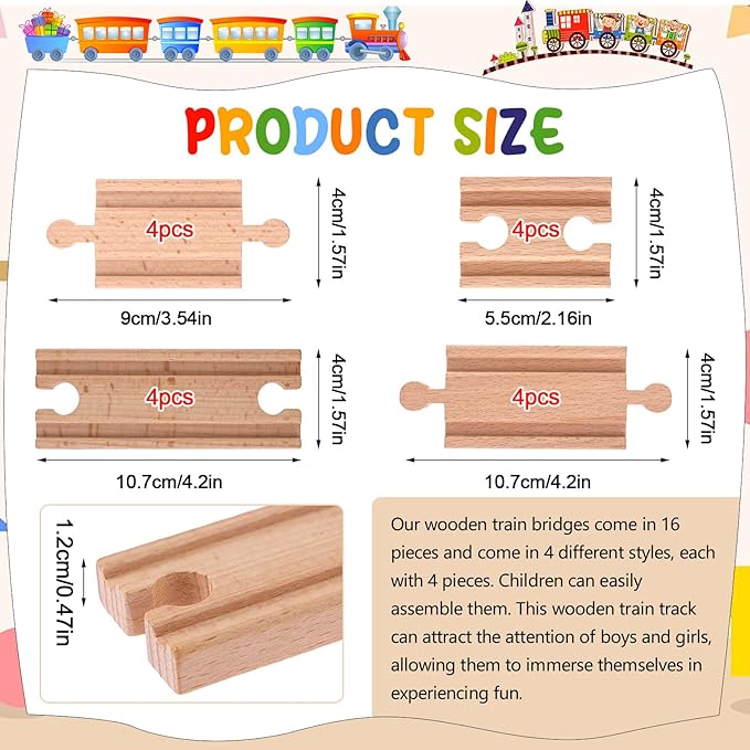 16 Pcs Straight Wooden Tracks Expansion Wood Train Track Connectors and Adapters Male Male Female Female Wood Train Track Pieces Accessories Wooden Tracks Bridge for Most Major Toy Trains Railway