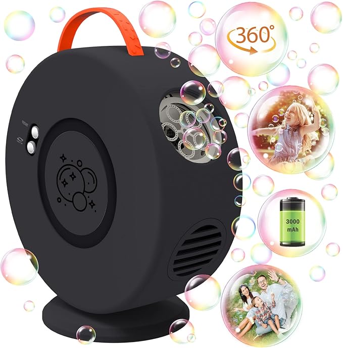 Bubble Machine Automatic Bubble Blower for Kids Toddlers Rechargeable Battery Portable Bubble Maker Electric Bubble Machine Auto Rotating 90°/360° Outdoor Toy for Birthday Party Wedding