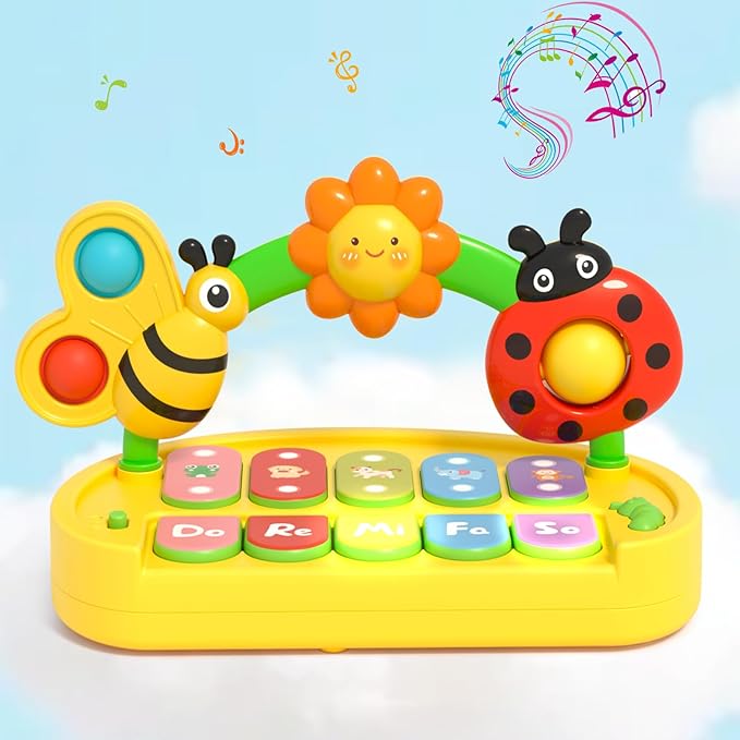 Baby Piano Toy for Kids 0-6-12-18 Months, Light Up Baby Keyboard Musical Toy with Press Pop Bubbles, 4 Modes Toddler Piano for Boys Girls Ages 1-3, Detachable & Portable Infant Toy Gift
