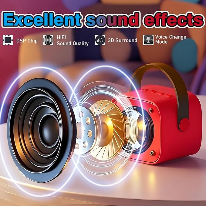 Mini Karaoke Machine for Kids Birthday Gifts 4 5 6 7 8 9 10 11 12 Year Old Girl Boy Singing Electronic Toys Bluetooth Speaker with 2 Wireless Mics Fun Voice and LED Lights Christmas Party