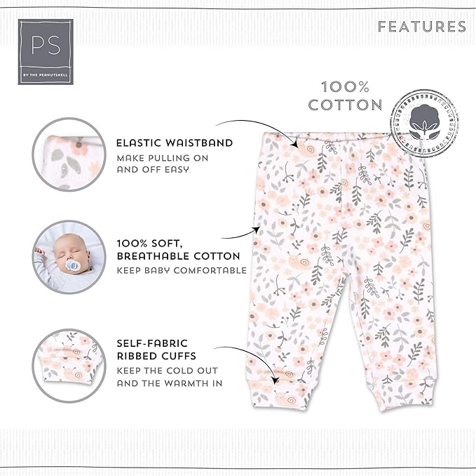 The Peanutshell 5 Pack Baby Girl Pants Set - 100% Cotton Toddler Pants for 0-24 Months Clothes for Toddlers & Babies - Flower