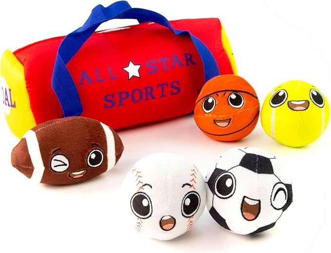 My First Sports Bag with 5 Plush Sports Balls - Rattle Ball with Sound - Sensory Toys for 1 Year Old - Toys for Toddler - Rattles Gift for 1 Year Old