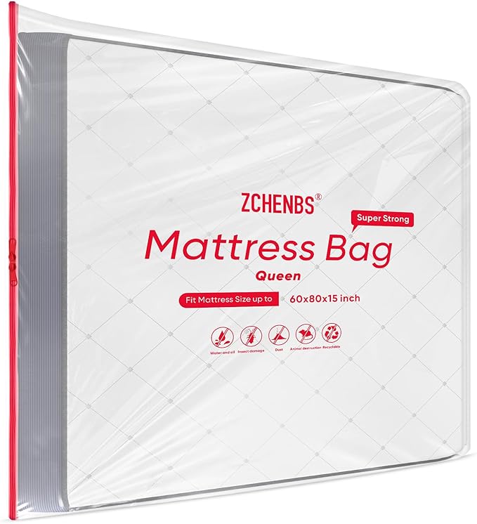 ZCHENBS® – Mattress Bags for Moving and Storage,Mattress Bag with Zippers,5 Mil Ultra-Thick Bed Bag,Waterproof,Anti-Tear,Heavy-Duty Mattress bag (Transaparent/Red, Queen-(2 Pack))