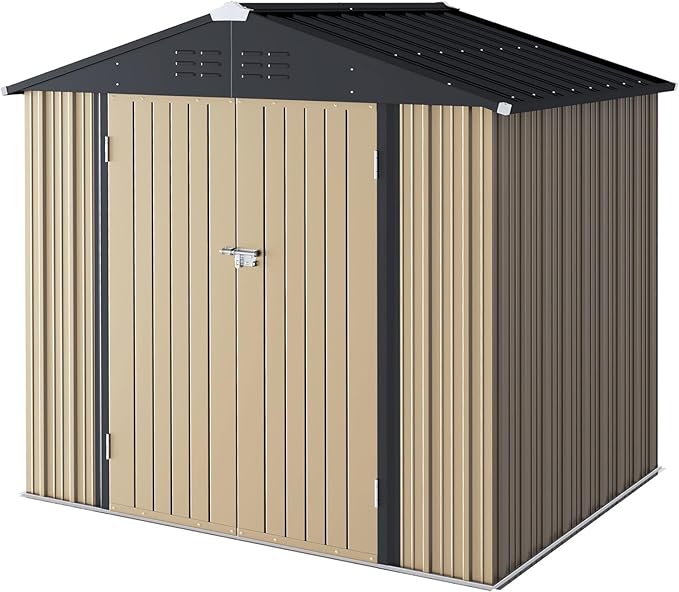 Furniwell 6x8 FT Outdoor Storage Shed, Metal Garden Sheds Outdoor Storage House with Single Lockable Door for Backyard Patio Lawn, Brown