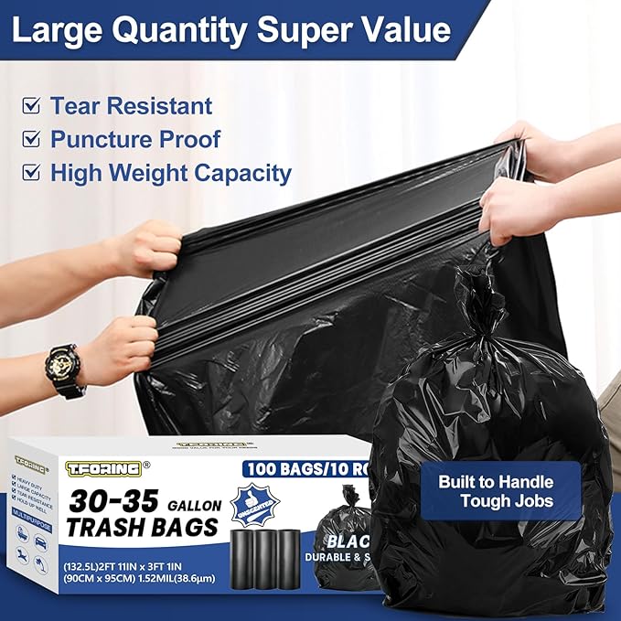 30-35 Gallon Trash Bags Heavy Duty 1.5 Mil - 35" x 37" 100 Count Large Black Garbage Bags 30+ Gallon Strong Plastic Trash Can Liners for Home Kitchen Commercial Lawn and Leaf
