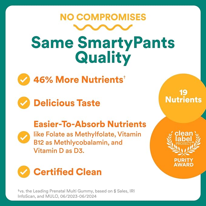 SmartyPants Prenatal Multivitamin Gummies - Improved Formula: Omega 3 (DHA/EPA), Methylfolate, Biotin, Vitamin D3, C, Vitamin B12, B6, Vitamin A, K & Zinc, Gluten Free, 120 Count (40 Day Supply)