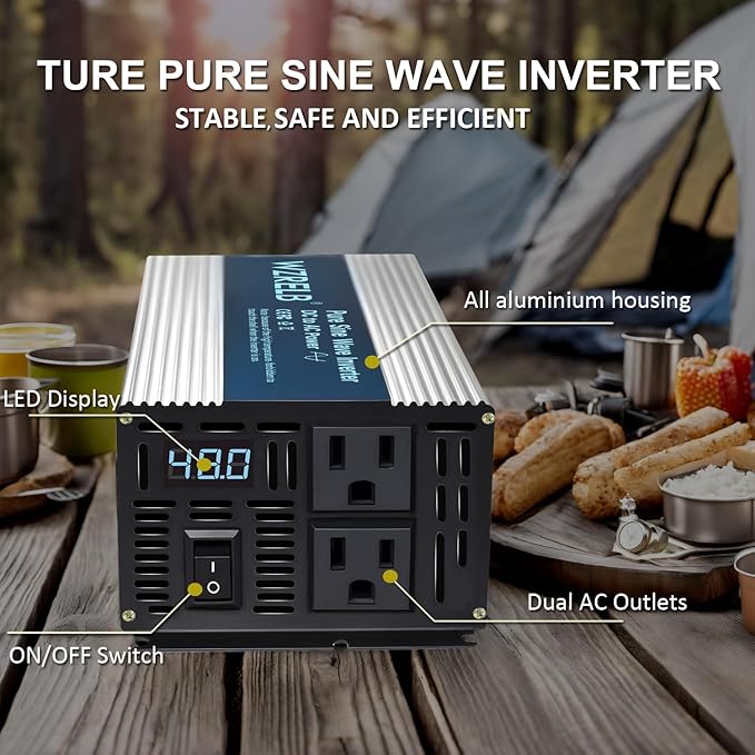WZRELB 500W Pure Sine Wave Inverter 12V DC to 110V 120V AC Power Converter with LED Display, Off-Grid Portable Power Inverter with 2 AC Outlets for Home, RV, Truck, Camping