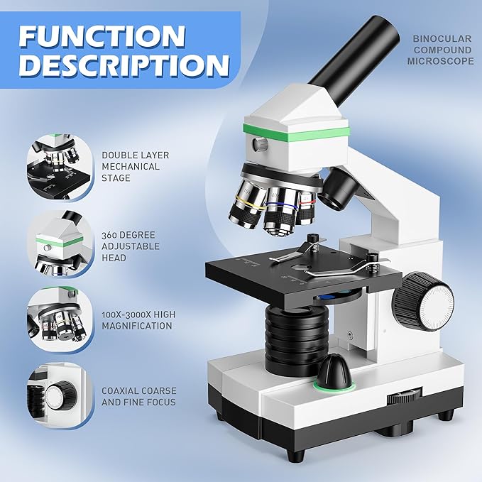 Microscope for Adults Professional, Compound Microscope for Kids 8-12, 100X-3000X High-Power Biological Microscope for Students, School Lab & Home Education, with Slides Set