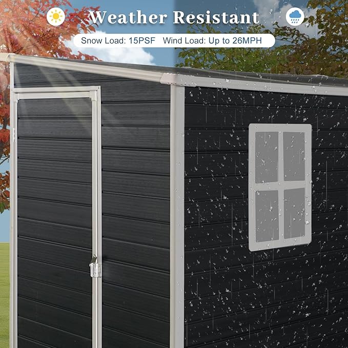 4‘x8’ Lean to Shed, Resin Storage Sheds Outdoor with Floor Included, Plastic Sheds & Outdoor Storage Clearance with 2 Windows, Backyard Storage Sheds for Garden Tools, Bicycle