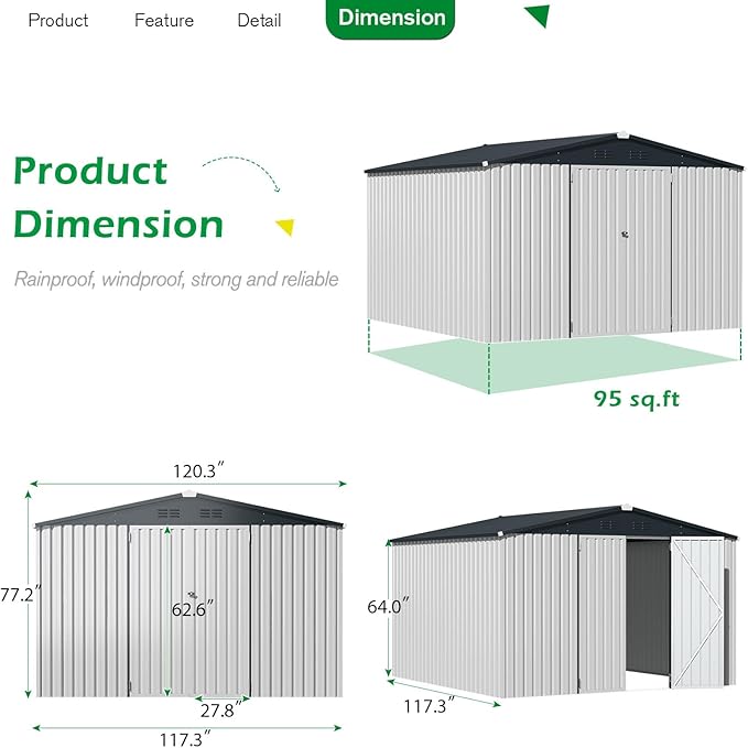 ACOJOY 10'x10' Shed, Large Metal Storage Sheds & Outdoor Clearance, Steel Backyard Shed with Lockable Doors, Utility and Tool Storage for Garden, Patio, Outside Use in White