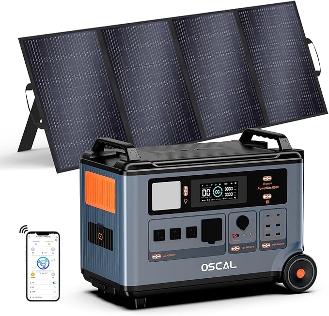 OSCAL PowerMax 6000 Solar Generator with 400W Solar Panel, 120V/240V Portable Power Station 6000W AC Outlets (7200W Peak), 2200W AC Charging/2400W Solar Charging, Emergency for Home, Battery Backup