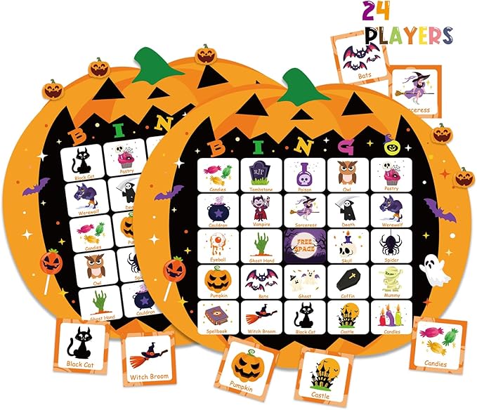 XZENTIRA Halloween 24 Players Games, Pumpkin Bingo Game Cards Set for Halloween Family Party Activities, Party Favors, Classroom Group Activities Bingo Games Set