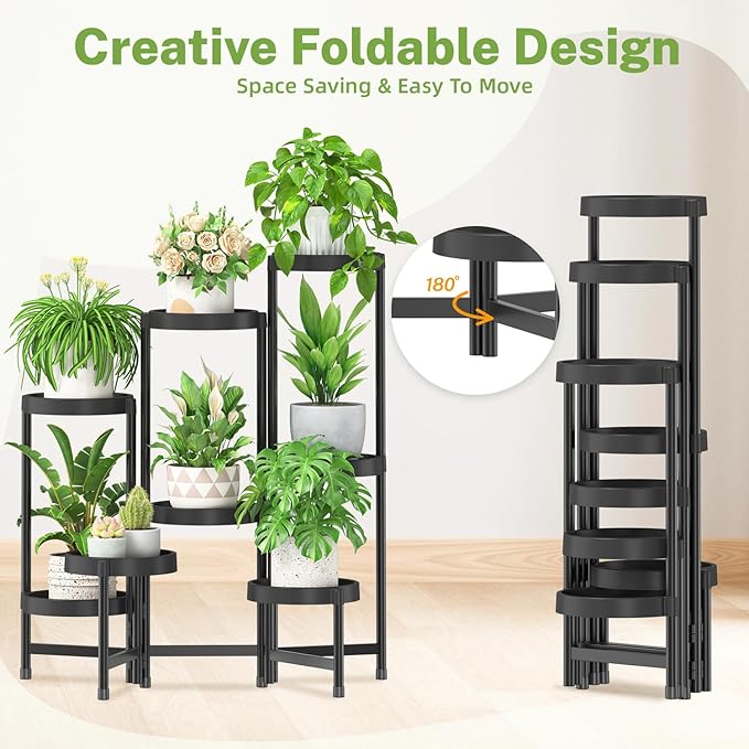iDavosic.ly 8 Tier Folding Plant Stand Indoor Outdoor with Plastic Tray, Tiered Corner Flower Holder Shelf, Metal Orchid Display Rack for Patio Porch Living Room Garden Balcony, Modern Black