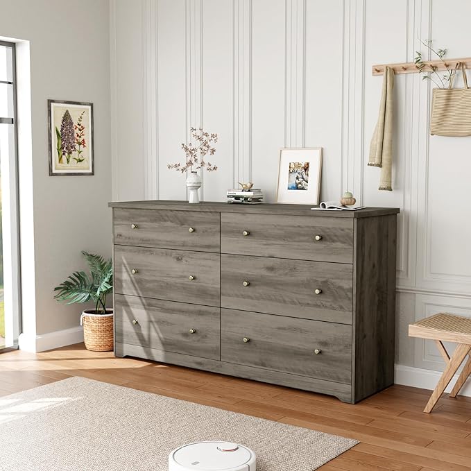 VINGLI 59" Long Dresser 6 Drawer, Grey Large Dresser for Bedroom, Rustic Gray Chest of Drawers, Farmhouse, 59" W x 15.75" D x 32" H