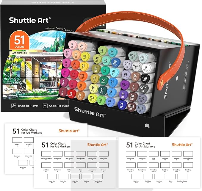Shuttle Art Alcohol Markers Brush tip, Dual Tip Brush & Chisel Tip Art Marker Set, 50 Colors plus 1 Blender Permanent Marker Pens with Case Perfect for Illustration Students Adults Coloring