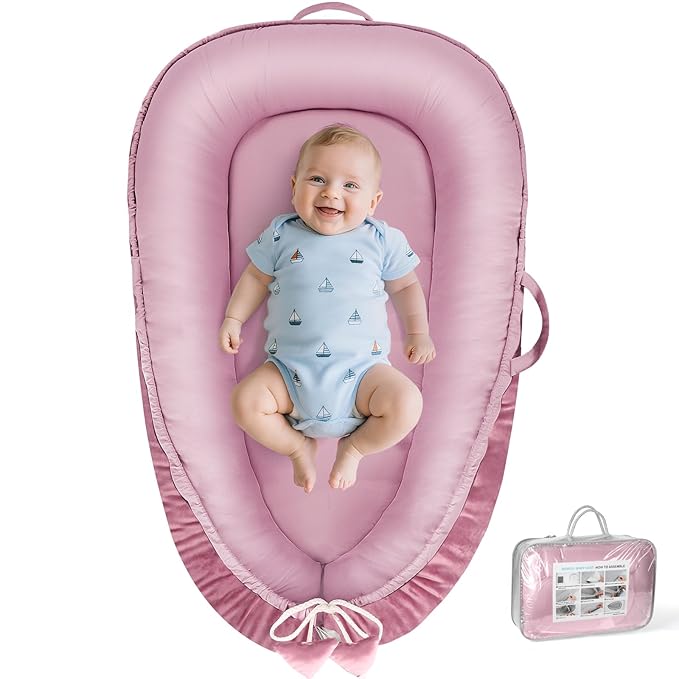 Baby Lounger - Baby Lounger for Newborn 0-24 Months, Breathable & Soft Cotton and Velvet Cover Baby Nest, Portable Tummy Time Lounger for Home and Travel, Ideal Baby Essentials & Shower Gifts