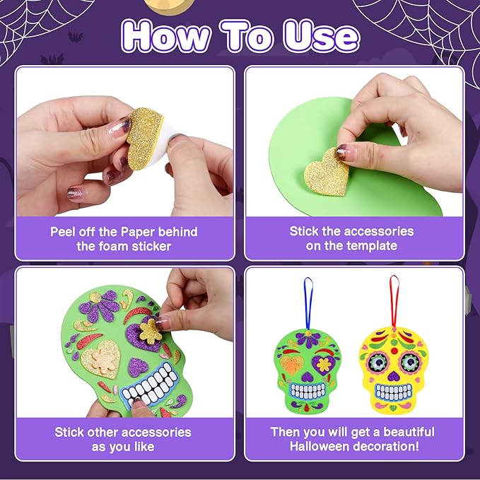 Fennoral 12 Pack Day of The Dead Craft Kits for Kids Make You Own Skull Foam Stickers Ornament DIY Arts and Crafts for Girls Boys Halloween Party Favors Supplies Halloween Decoration