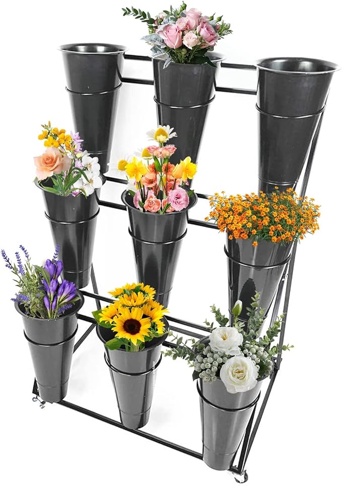 Flower Display Stand, 3-Layer Heavy-Duty Mobile Plant Cart shelve with Wheels, with Plastic Buckets, Easy to Install, Suitable for Indoor and Outdoor Balcony Courtyard Garden Art Exhibitions