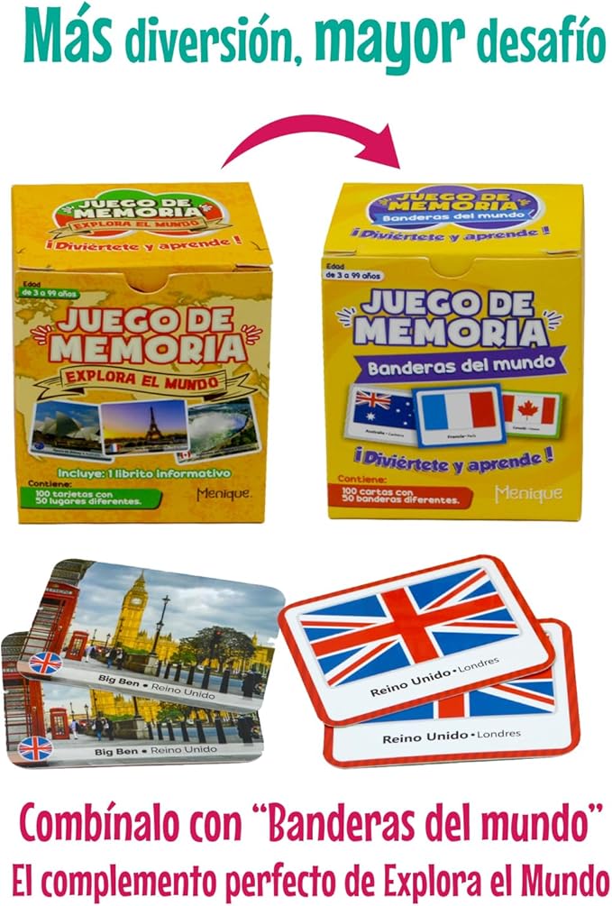 Menique Explore The World Memory Matching Game – Spanish Edition – 100 Cards (50 Pairs) with Iconic Landmarks, Country & Flag – Educational Geography Game in Spanish.