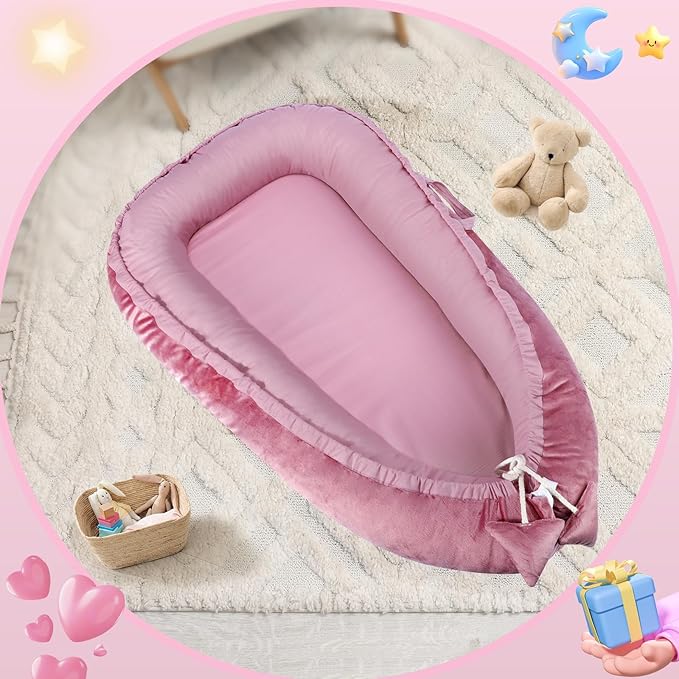 Baby Lounger - Baby Lounger for Newborn 0-24 Months, Breathable & Soft Cotton and Velvet Cover Baby Nest, Portable Tummy Time Lounger for Home and Travel, Ideal Baby Essentials & Shower Gifts