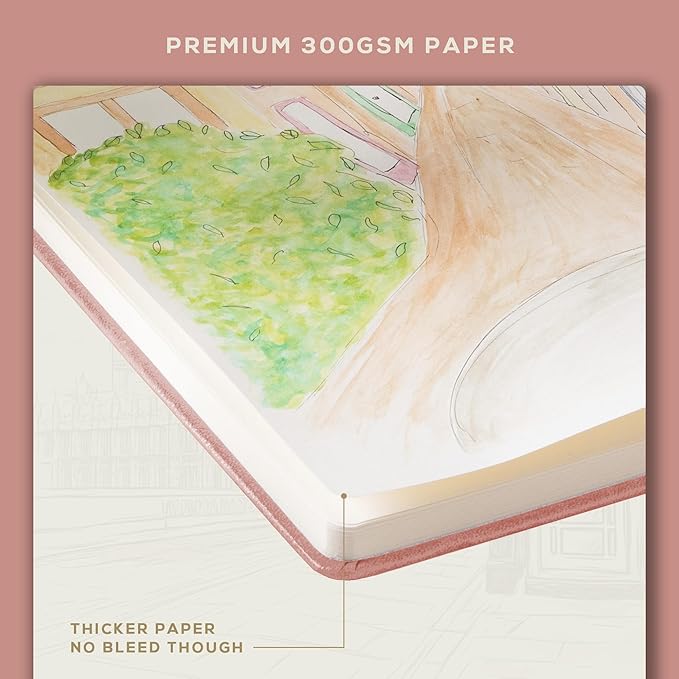 Beechmore Books A5 Sketch Book – 5.8"x8.3" Premium Vegan Leather Hardcover Sketchbook, 96 Thick 300gsm Perforated Ivory Pages, Ideal for Sketching, Watercolor & Mixed Media, Includes Back Pocket