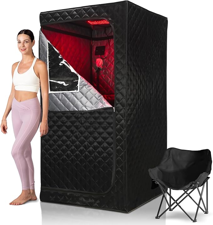 Full Size Portable Infrared Home Sauna, Upgraded Personal Sauna Box with 660nm Red Light Therapy Lamp, Separate Heating Foot Pad and Portable Chair for Relaxation Detox