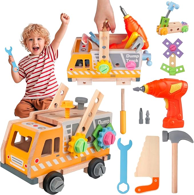 Kids Tool Set Toy with Drill Hammer, 38PCS Wooden Truck Boy Tool Set Construction Sensory Kit STEM Learning Toys, Montessori Pretend Play Boy Girls Kids Birthday Gift for Toddlers 1 2 3 4 5 6