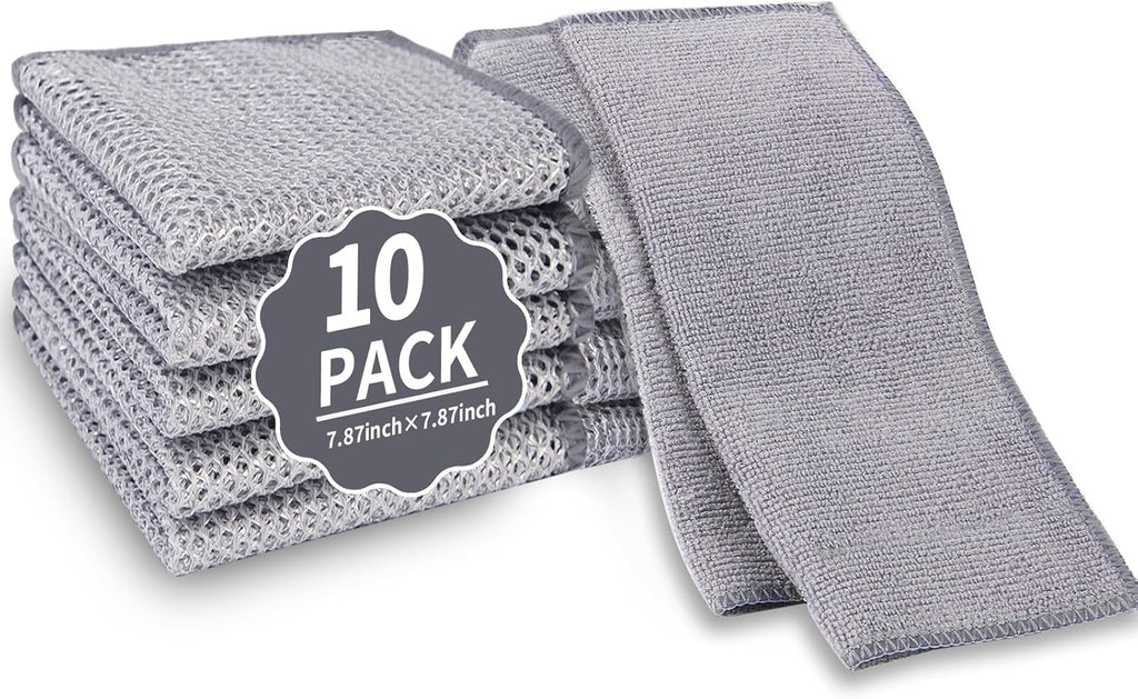2 in 1 Stainless Steel Scrubber & Microfiber Cleaning Cloth, 10 Pack Towel & Steel Scrub Cloth for Pans, Dishes, Countertops, Reusable Non-Scratch Cleaning Pad for Kitchen Sink