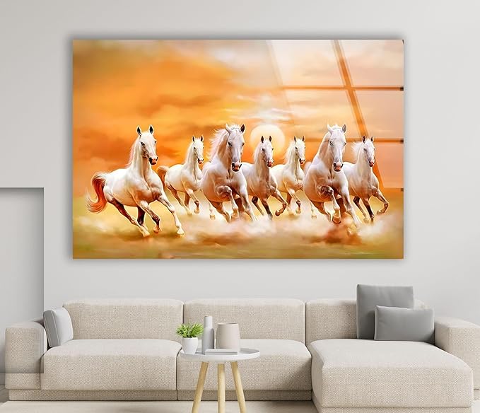 My Photostation.com 20Wx14H'' White Horses Running on Sunset Glass Wall ArtTempered Glass Printing Wall Decor Large Wall Art Wall Hangings