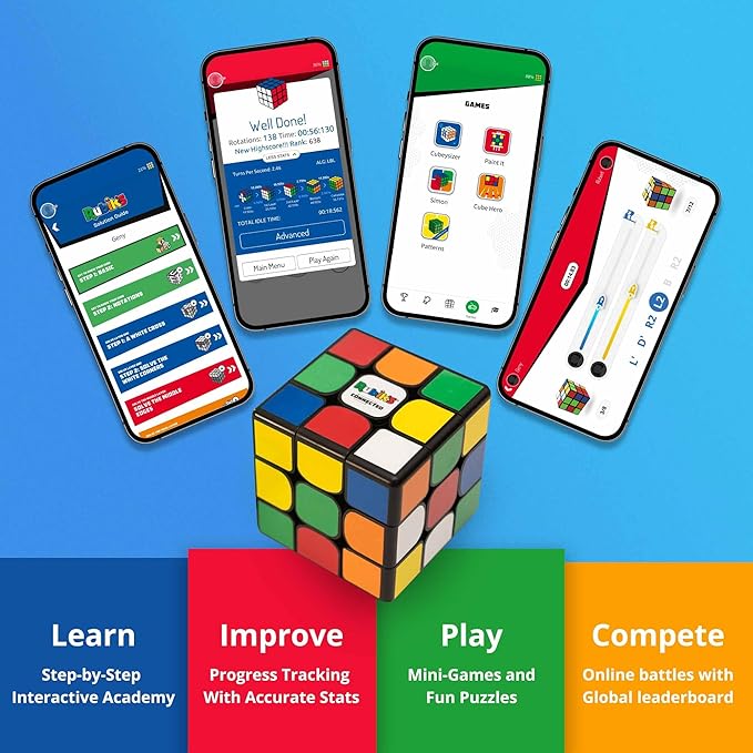 The Original Rubik’s Connected, Go from Beginner to Pro in No Time. 3x3 Smart Magnetic Intelligent Speed Cube. User Friendly App & Online Battles. Rechargeable Battery. STEM Puzzle. Fits All Ages