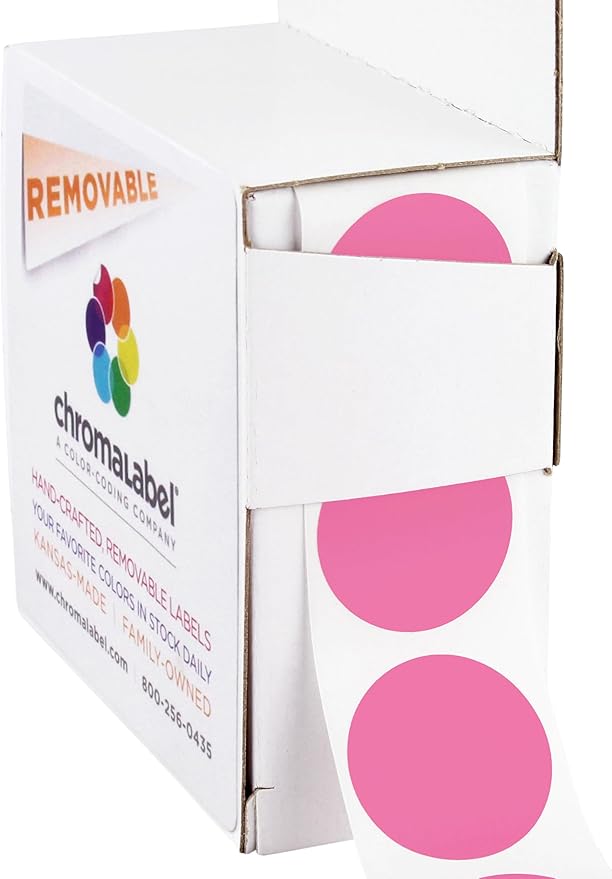 ChromaLabel 1 Inch Round Label Removable Color Code Dot Stickers, 1000 Labels per Dispenser Box, Rose