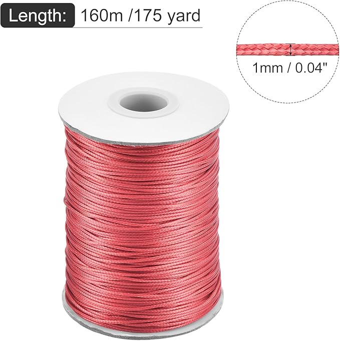 MECCANIXITY Waxed Cord 1mm Waxed Polyester Cord 175 Yard Wax String for Bracelet Making,Necklaces, Beading,Jewelry Making and DIY Crafts(Light Red)
