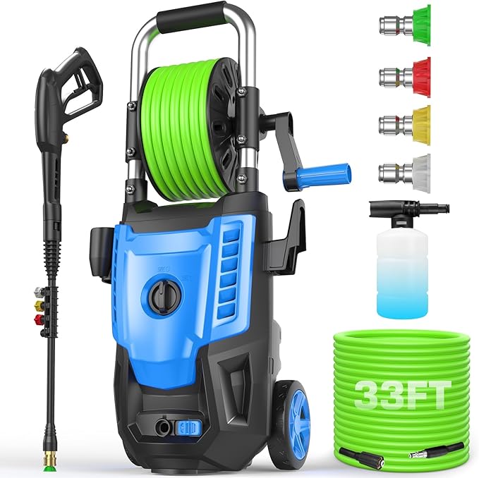 4800 PSI Pressure Cleaner- 4.0 GPM High Power Cleaner with 33FT Hose Reel, 4 Spray Tips and Soap Bottle for Car Washing, Fence Cleaning, Patio Maintenance（Upgraded）(Light Blue)