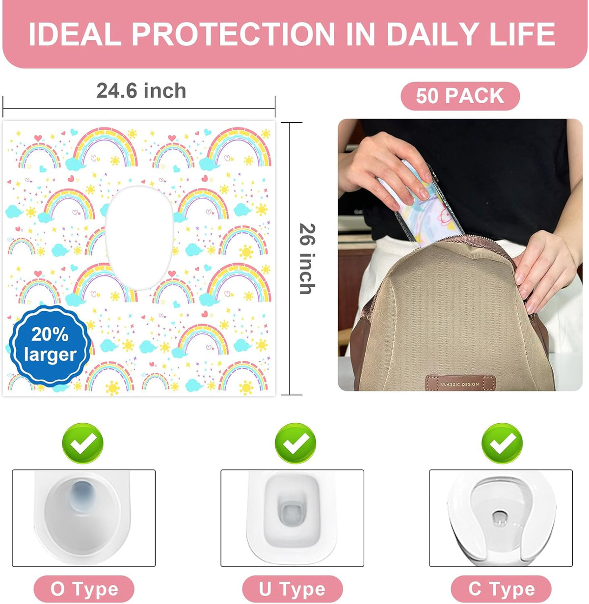 50 PCS Disposable Toilet Seat Covers, Extra Large Portable Potty Seat Covers for Toilet, Bathroom, Toddler & Kid Potty Training Seat Cover, Travel Essentials for Airplane, Trip-Rainbow