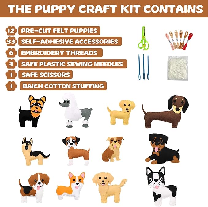 FYXGZZH Kids Beginner Sewing Kit – DIY Stuffed Craft Set with Pre-Cut Felt, Plastic Needle & Embroidery Thread, Educational Arts & Crafts for Boys & Girls Ages 6-12, Dog