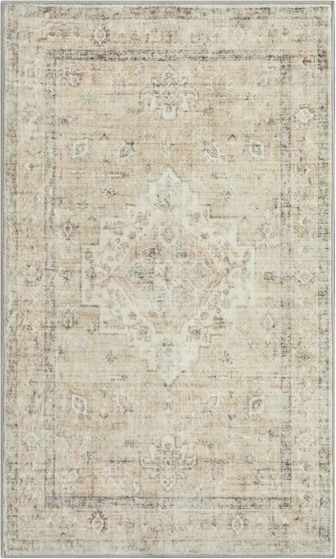 LIVEBOX Entryway Rug 3x5 Washable Area Rugs for Kitchen Bathroom, Non-Slip Front Door Mat for Bedroom, Boho Low-Pile Carpet Farmhouse Throw Indoor Mats for Bath Laundry Room, Tan