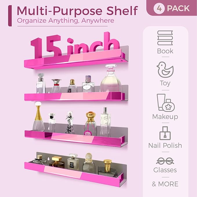 4 Pack 15 Inch Pink Reflective Acrylic Shelves, Pink Floating Shelves, Modern Sunglasses Essential Oil Picture Ledge Display Toy Storage Shelf