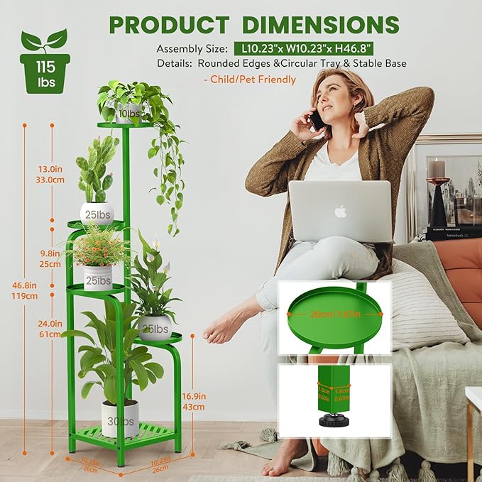 TOSKING 5 Tier Tall Plant Stand Indoor Outdoor, Heavy Duty Corner Shelf for Plants & Decor, Space Saving 3.9FT Metal Flower Pot Stand for Balcony, Garden, Living Room, Patio (Green, 47in)